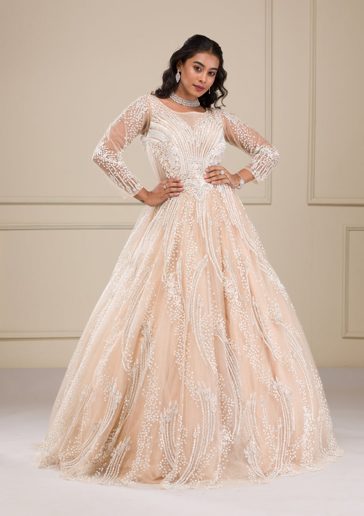 Beige Stonework Net Gown