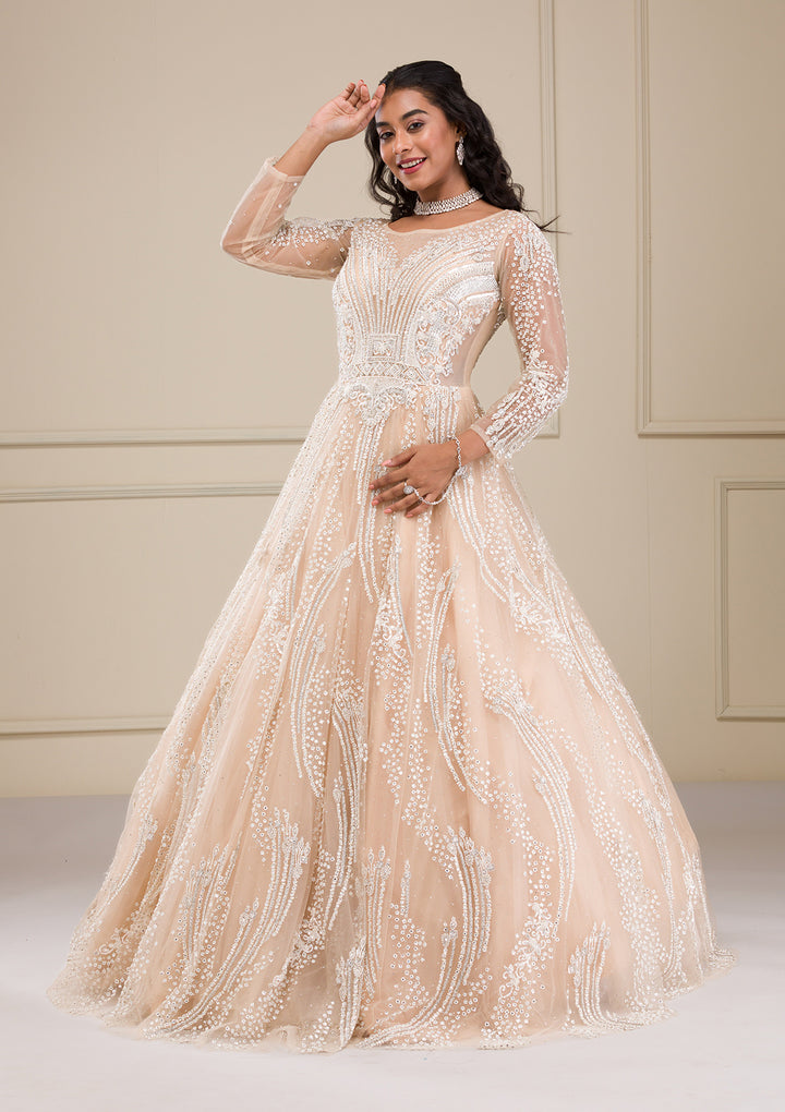 Beige Stonework Net Gown