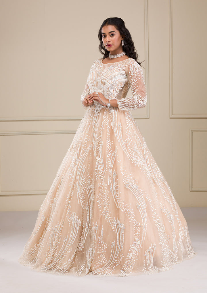 Beige Stonework Net Gown