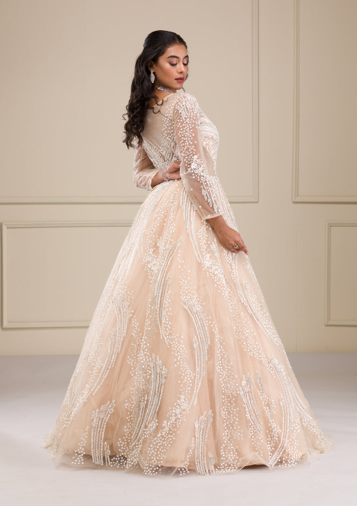 Beige Stonework Net Gown
