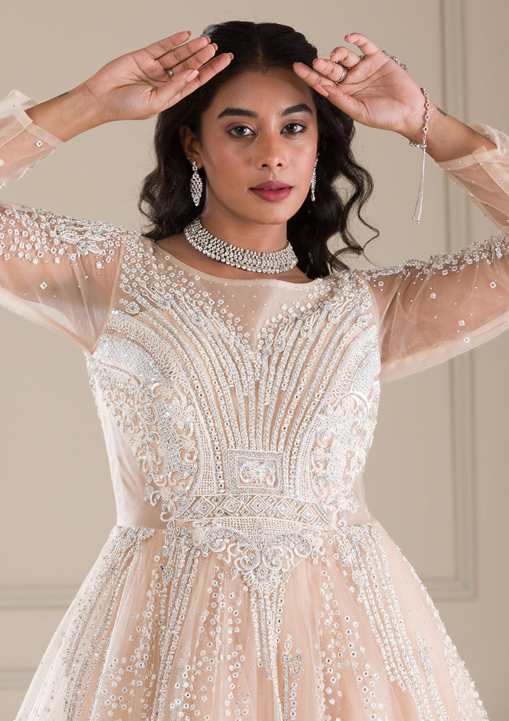Beige Stonework Net Gown