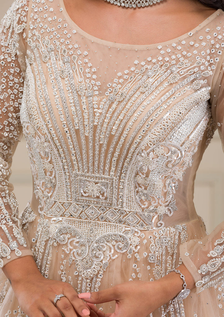 Beige Stonework Net Gown