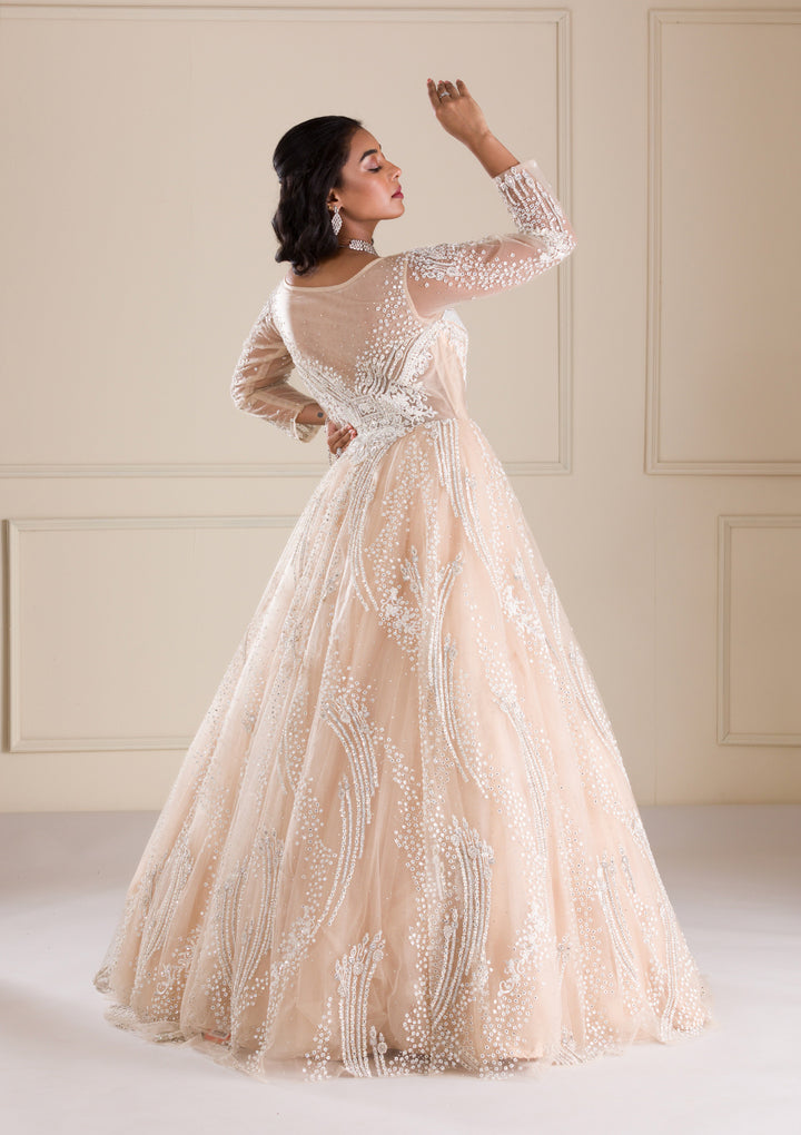 Beige Stonework Net Gown