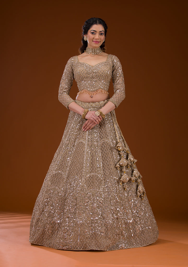 Beige Stonework Net Readymade Lehenga