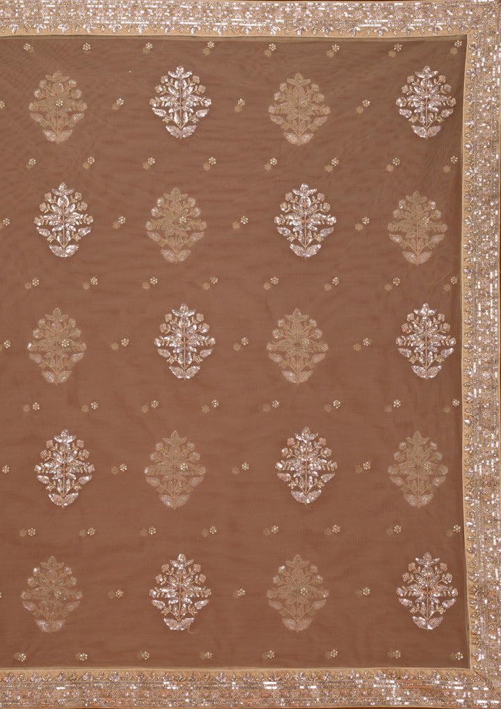 Beige Stonework Net Readymade Lehenga