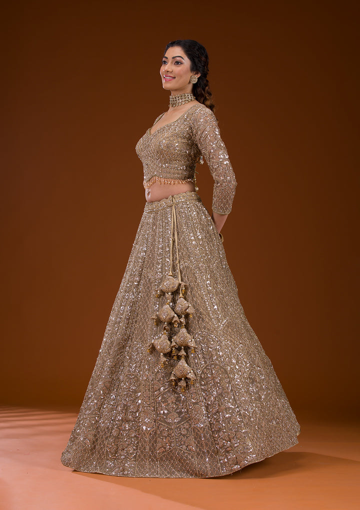Beige Stonework Net Readymade Lehenga
