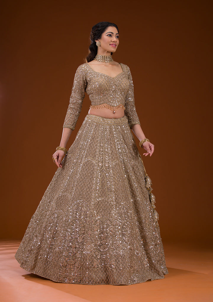 Beige Stonework Net Readymade Lehenga