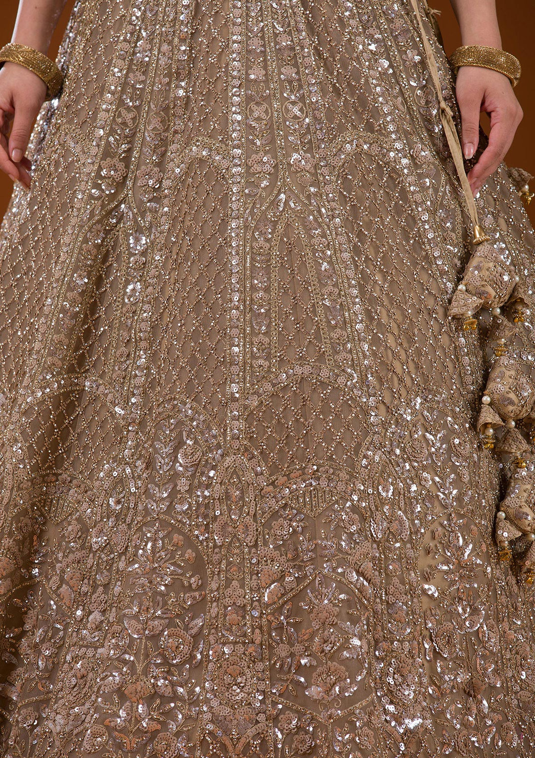 Beige Stonework Net Readymade Lehenga