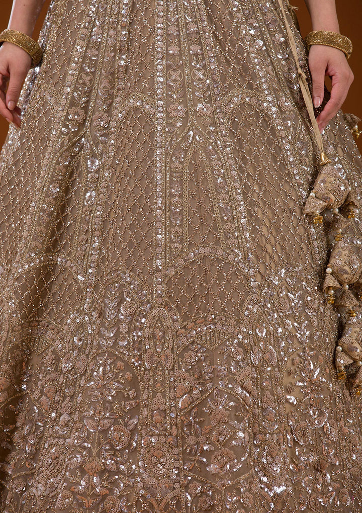 Beige Stonework Net Readymade Lehenga