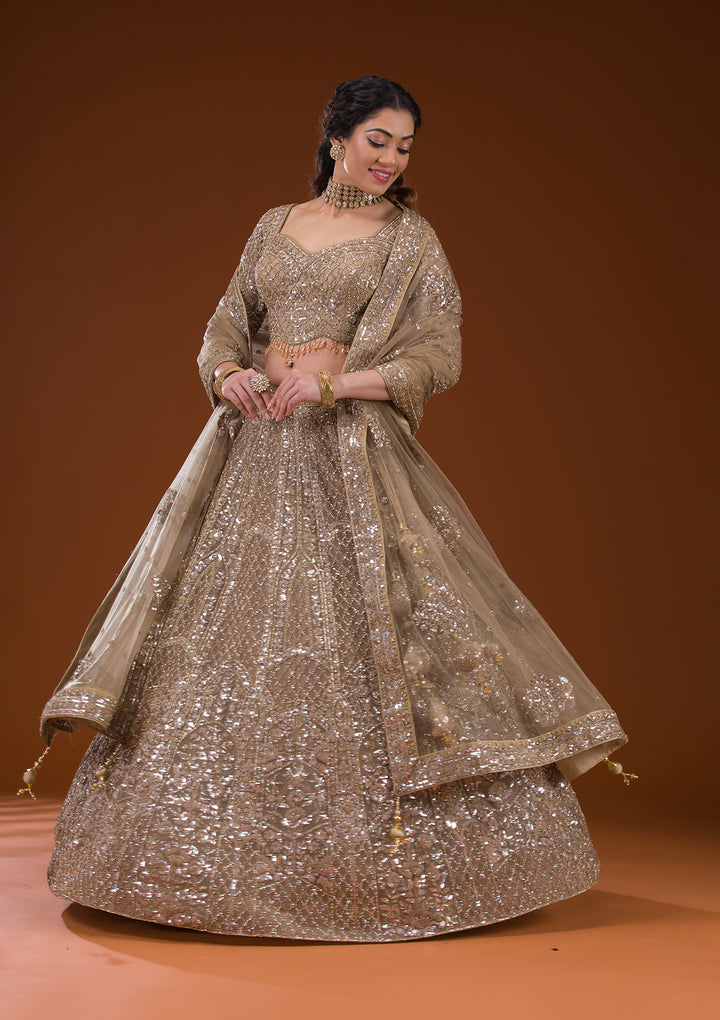 Beige Stonework Net Readymade Lehenga
