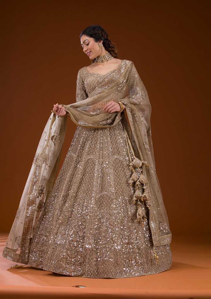 Beige Stonework Net Readymade Lehenga
