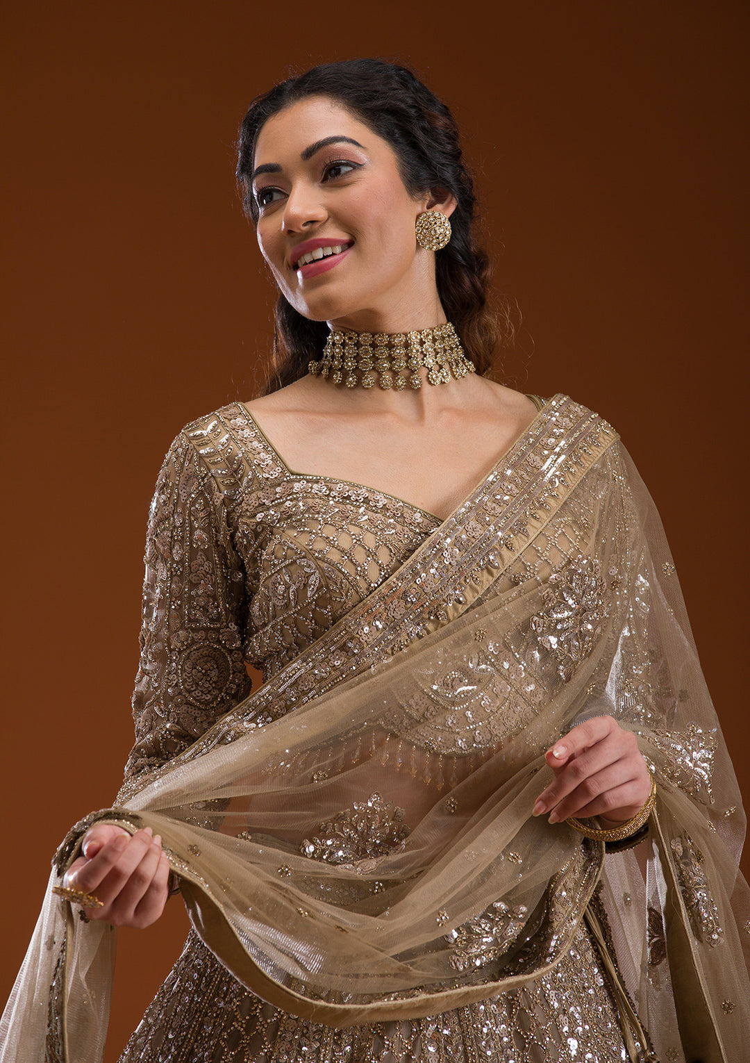 Beige Stonework Net Readymade Lehenga