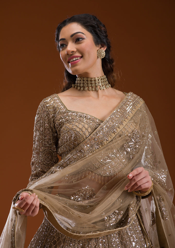 Beige Stonework Net Readymade Lehenga
