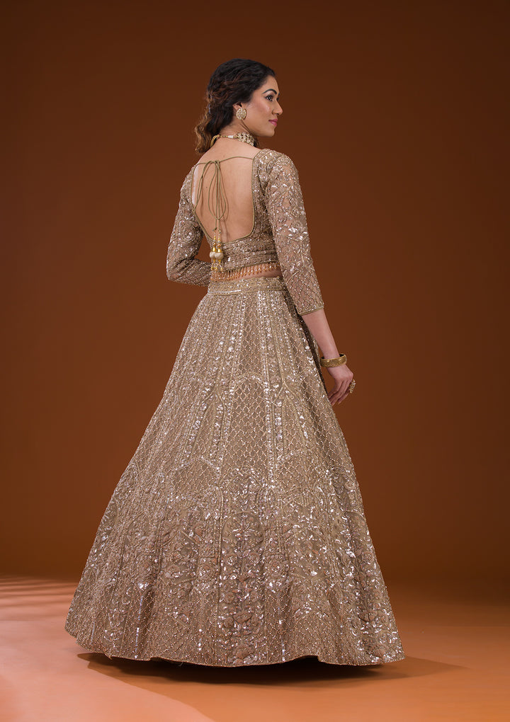 Beige Stonework Net Readymade Lehenga