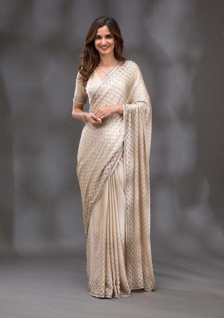 Beige Swarovski Crepe Saree