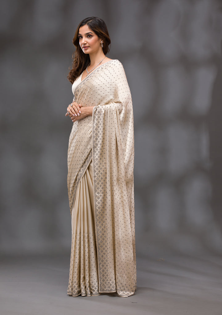 Beige Swarovski Crepe Saree