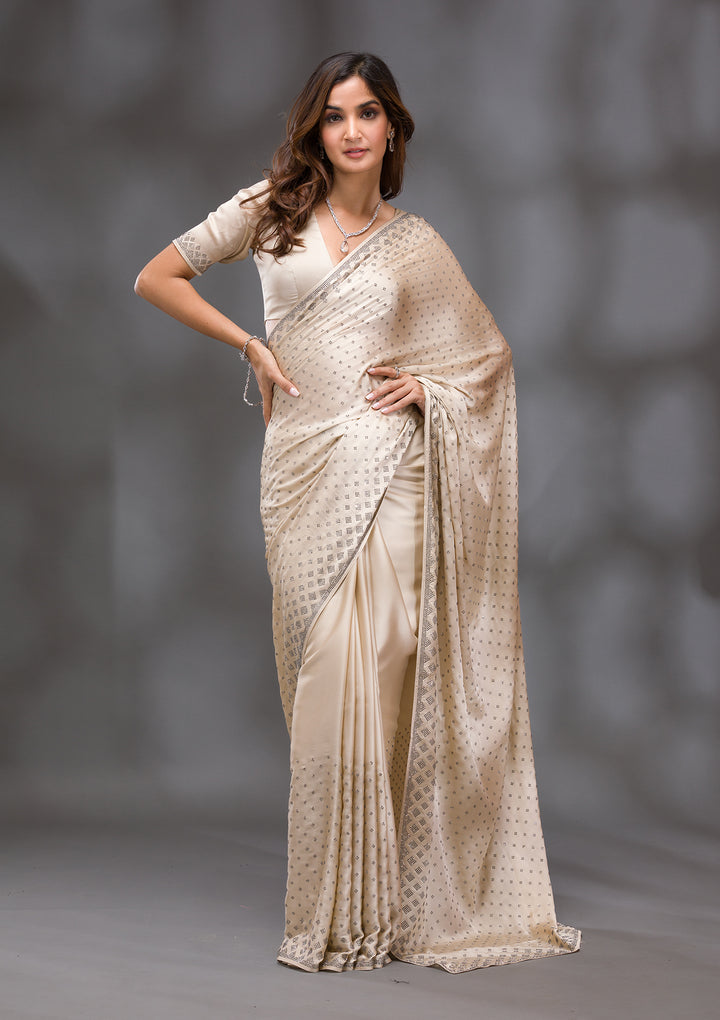 Beige Swarovski Crepe Saree