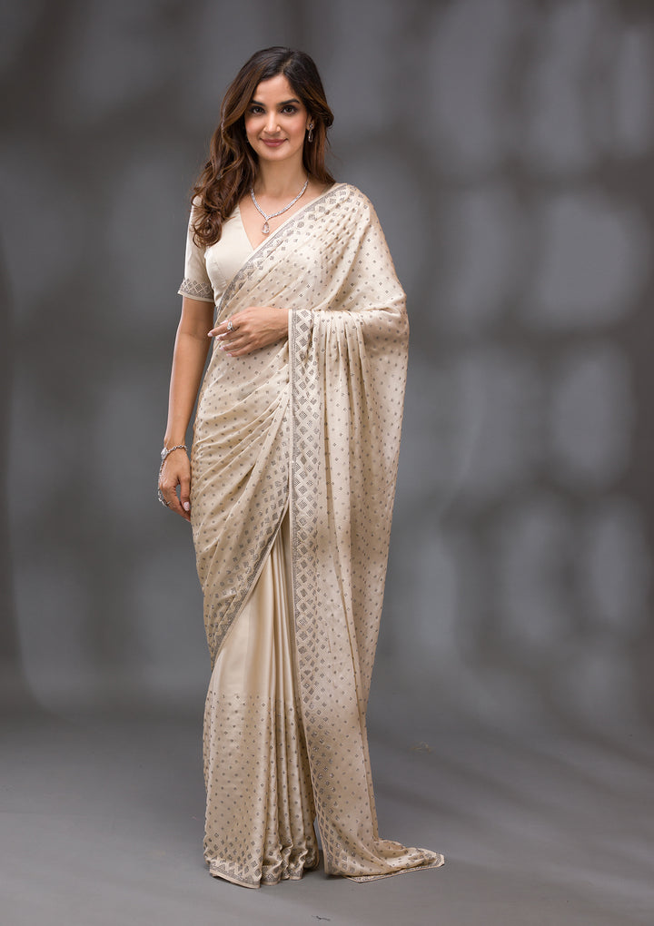 Beige Swarovski Crepe Saree
