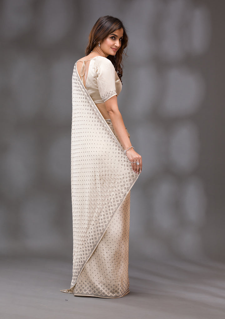 Beige Swarovski Crepe Saree