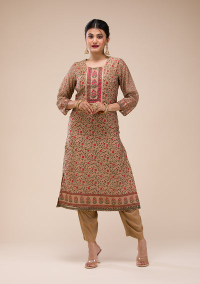 Beige Threadwork Chanderi Readymade Salwar Suit