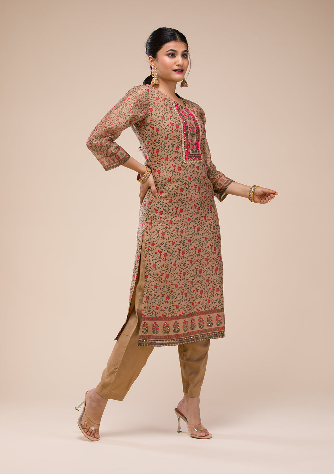 Beige Threadwork Chanderi Readymade Salwar Suit