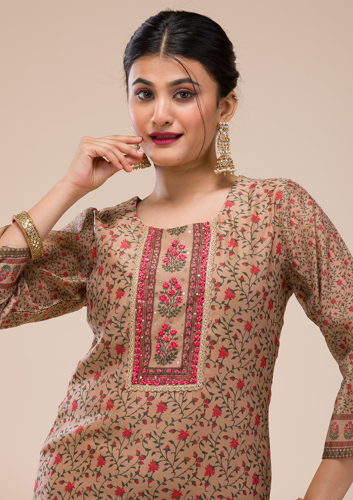 Beige Threadwork Chanderi Readymade Salwar Suit