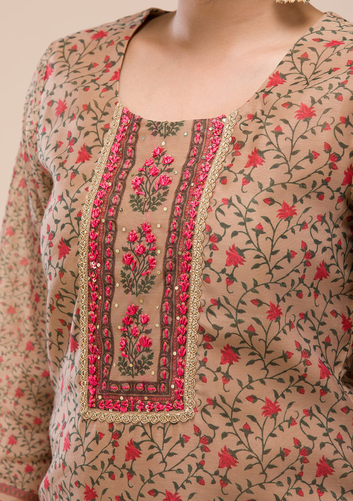 Beige Threadwork Chanderi Readymade Salwar Suit