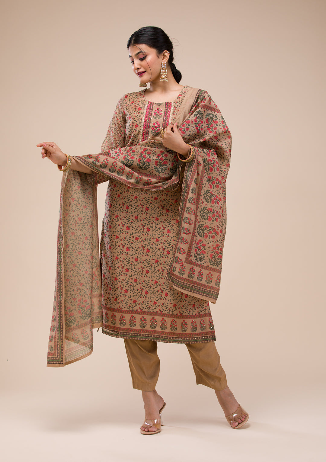 Beige Threadwork Chanderi Readymade Salwar Suit