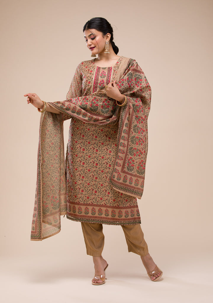 Beige Threadwork Chanderi Readymade Salwar Suit