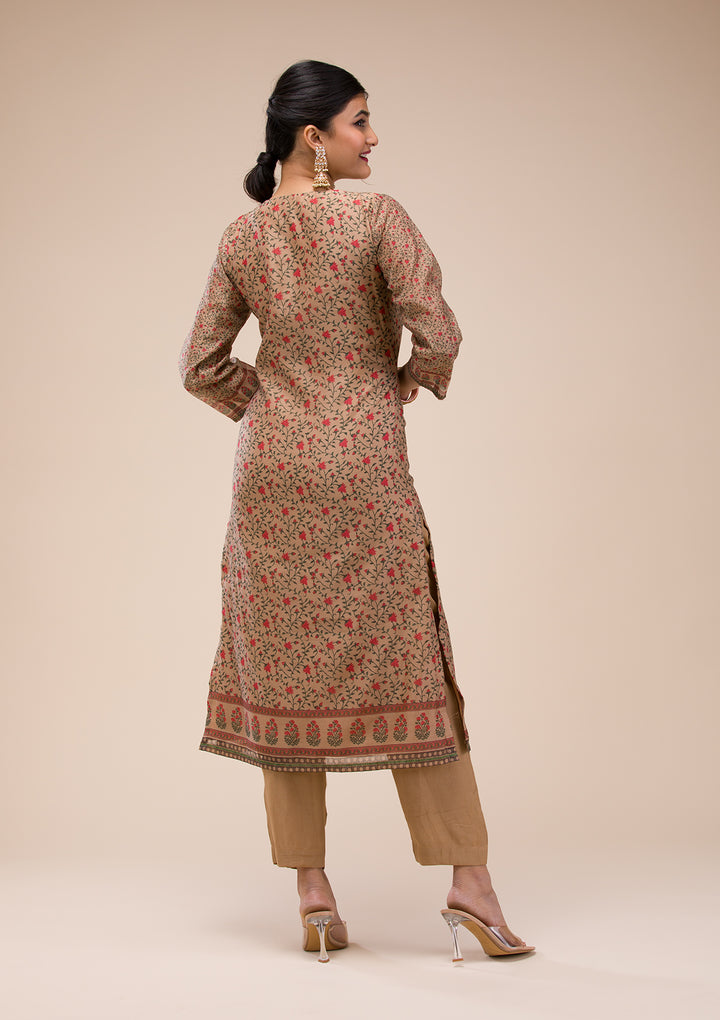 Beige Threadwork Chanderi Readymade Salwar Suit