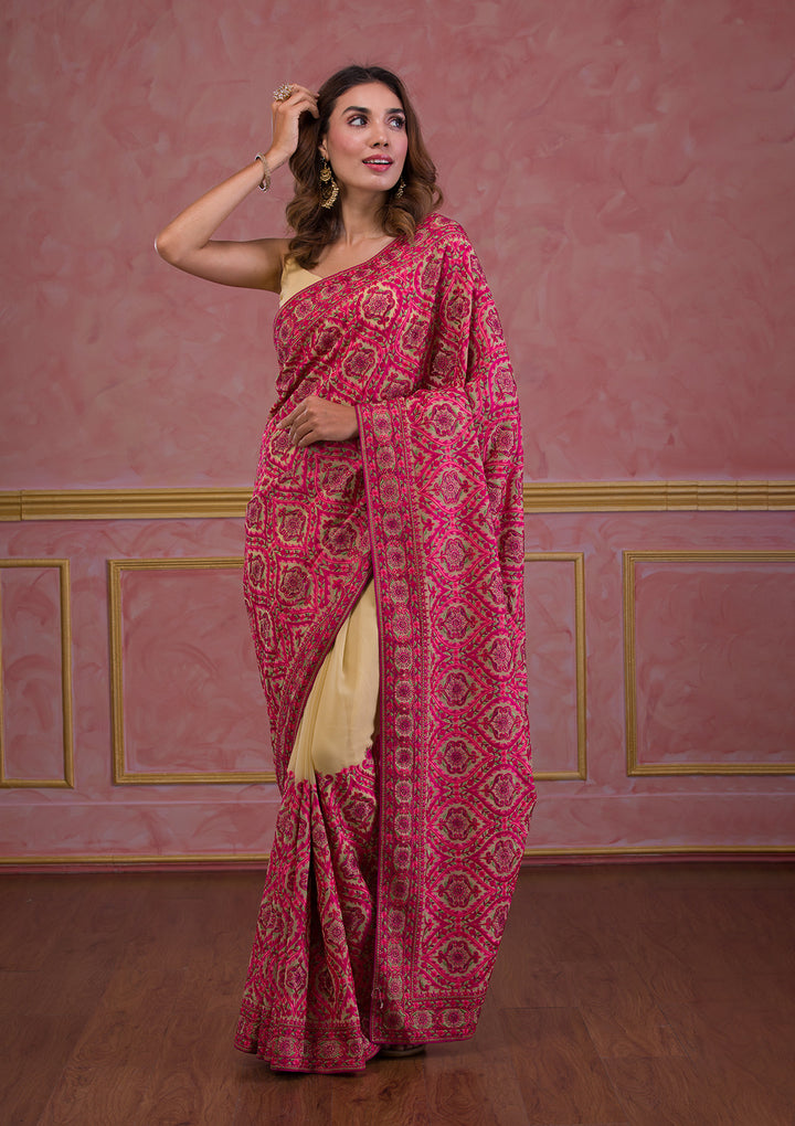 Beige Threadwork Georgette Saree