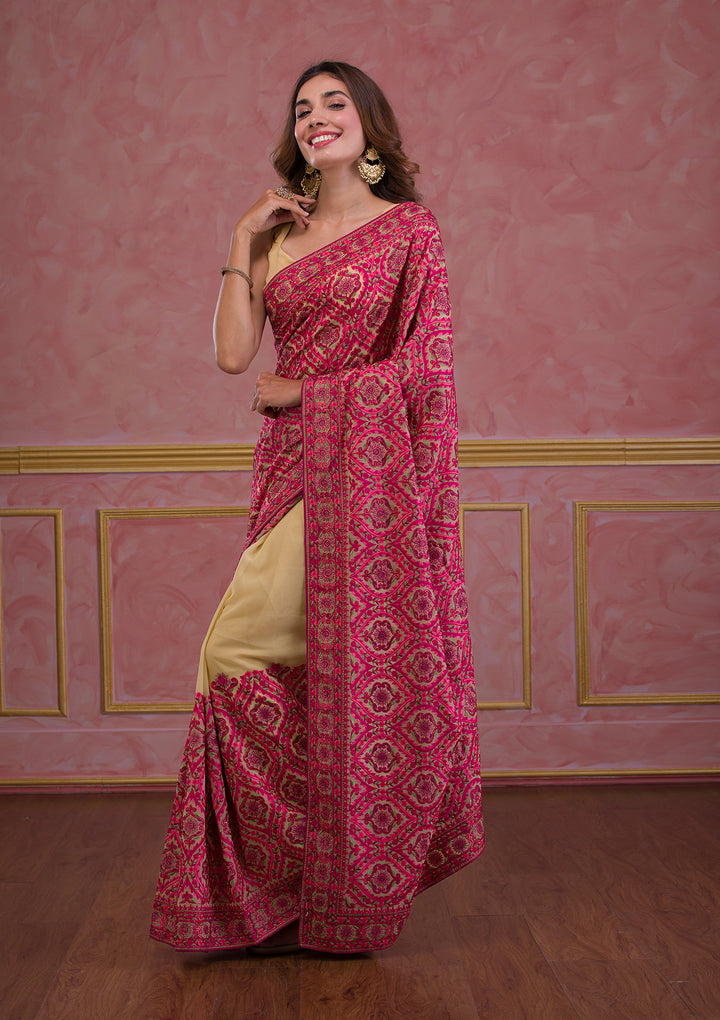 Beige Threadwork Georgette Saree