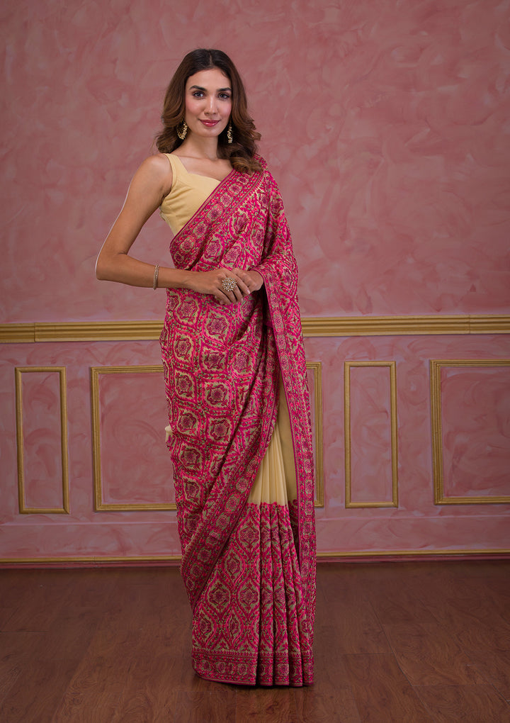 Beige Threadwork Georgette Saree