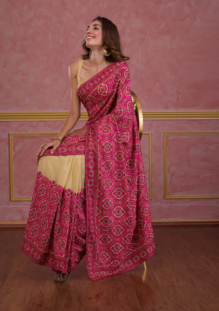 Beige Threadwork Georgette Saree-Koskii
