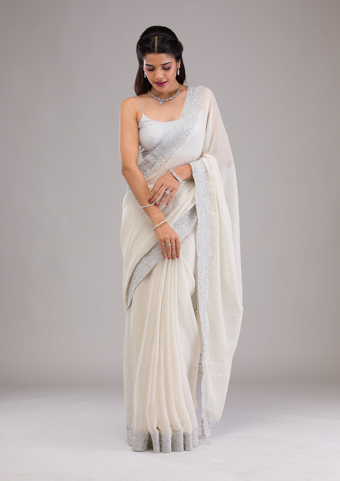 Beige Threadwork Georgette Saree