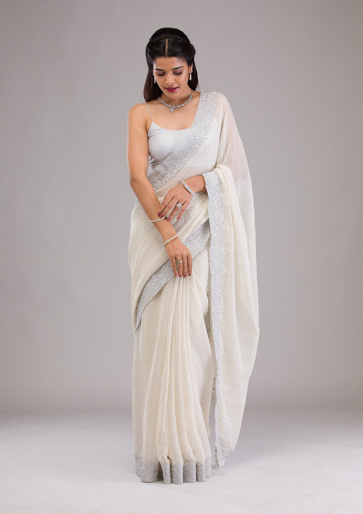 Beige Threadwork Georgette Saree