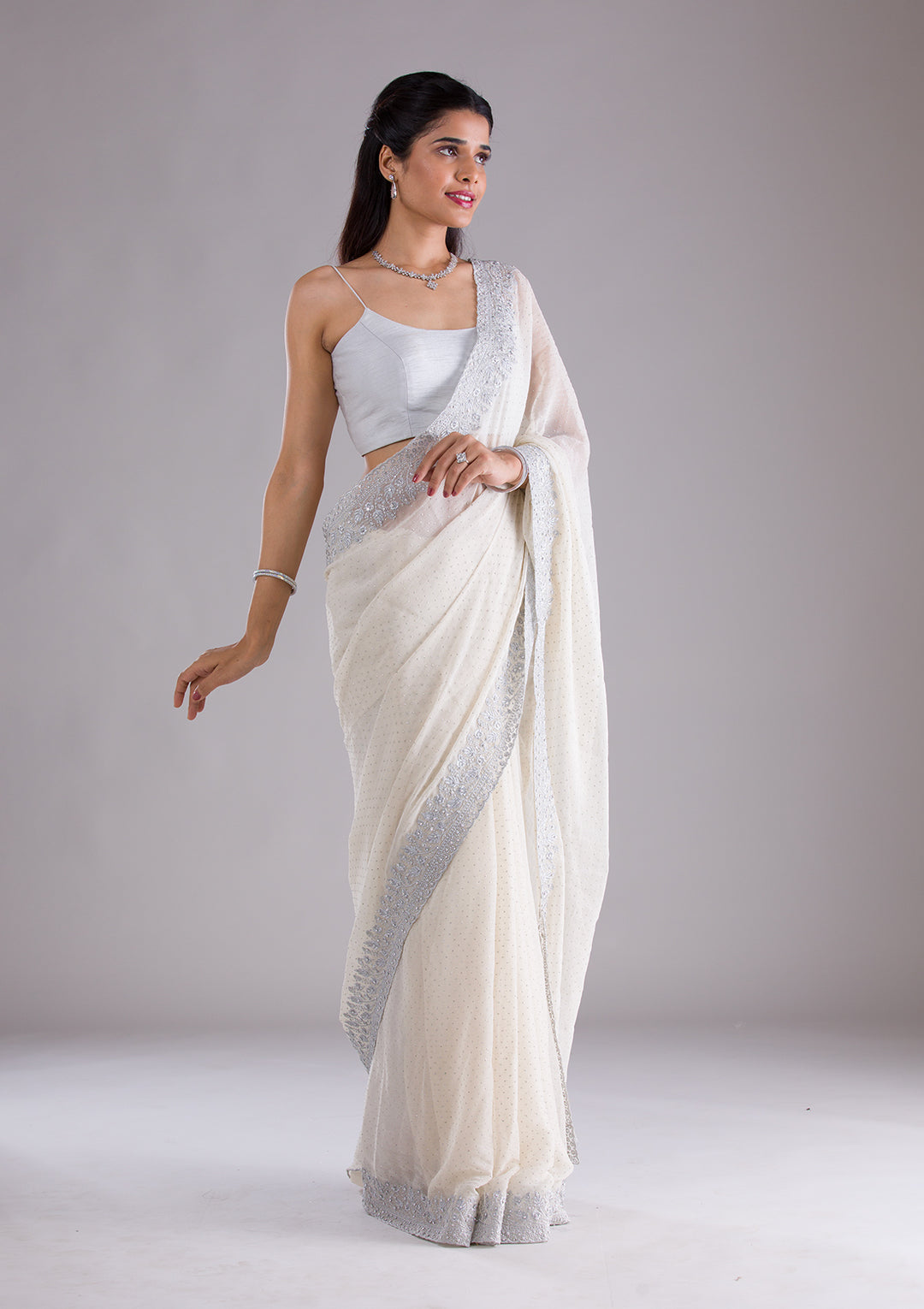 Beige Threadwork Georgette Saree