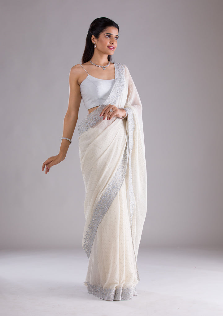 Beige Threadwork Georgette Saree