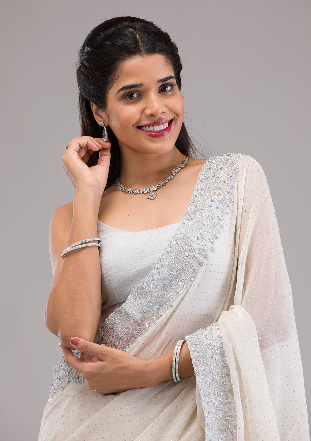 Beige Threadwork Georgette Saree