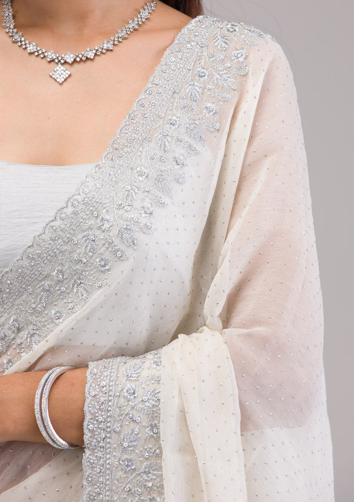 Beige Threadwork Georgette Saree
