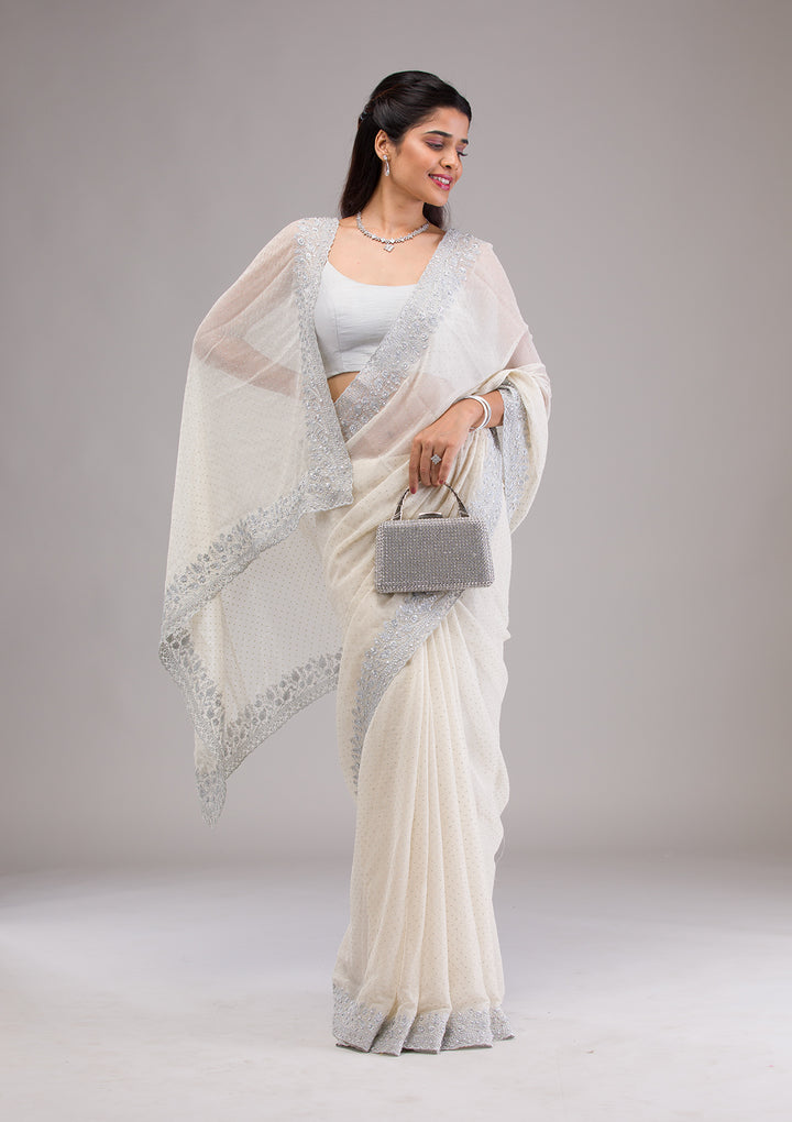Beige Threadwork Georgette Saree