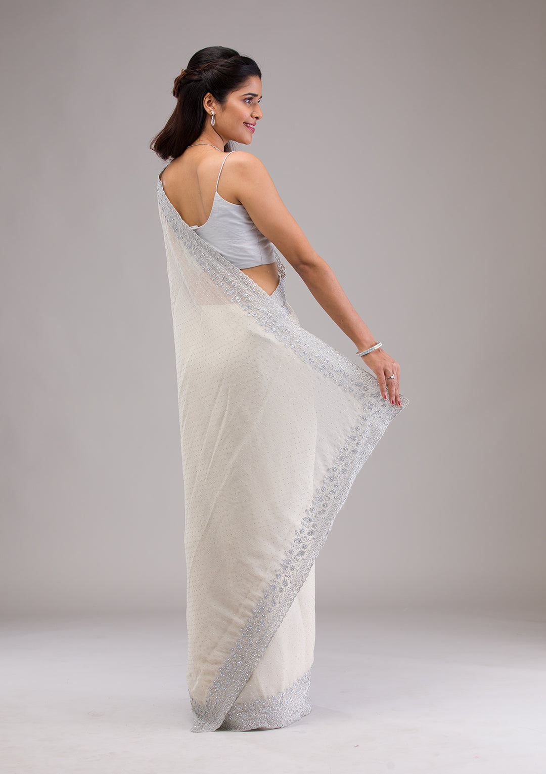 Beige Threadwork Georgette Saree