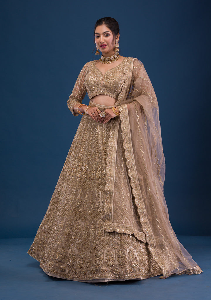 Beige Threadwork Net Readymade Lehenga