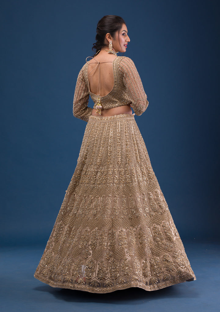 Beige Threadwork Net Readymade Lehenga