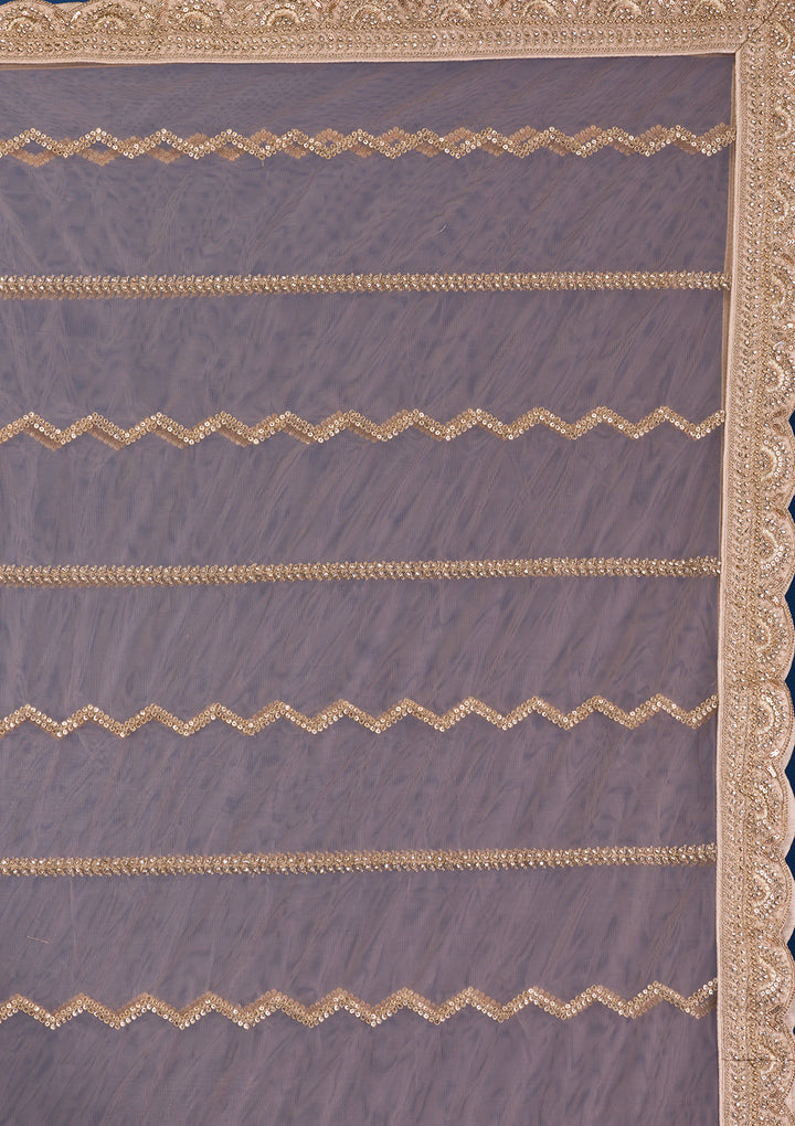 Beige Threadwork Net Readymade Lehenga