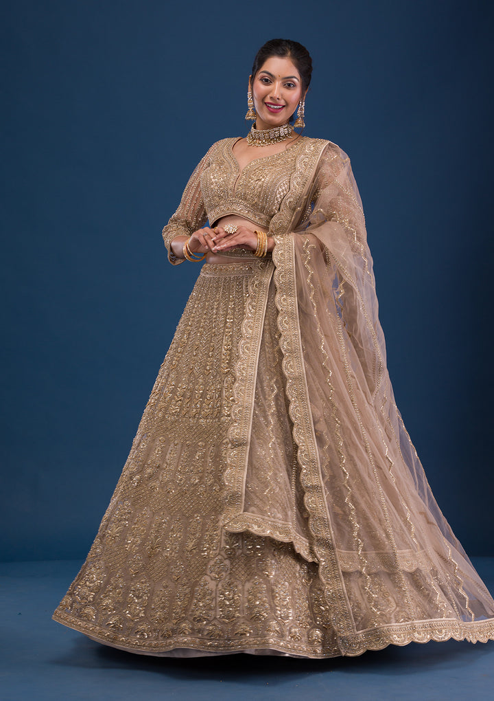 Beige Threadwork Net Readymade Lehenga