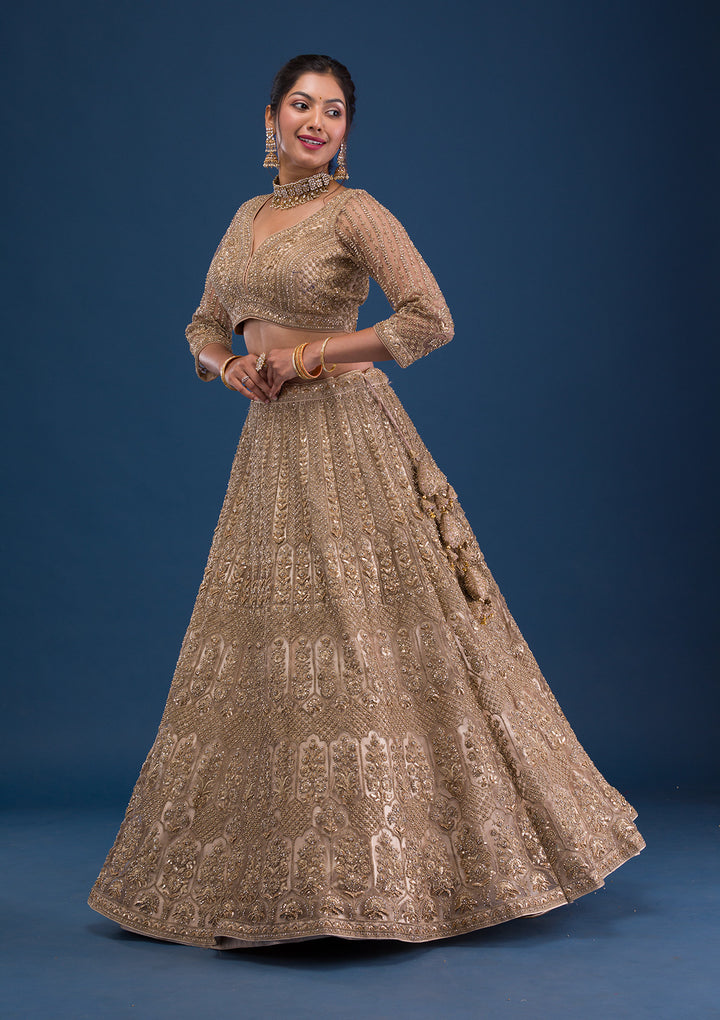 Beige Threadwork Net Readymade Lehenga
