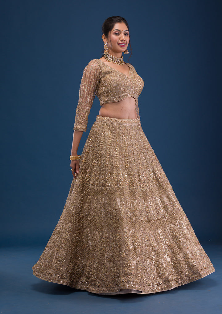 Beige Threadwork Net Readymade Lehenga
