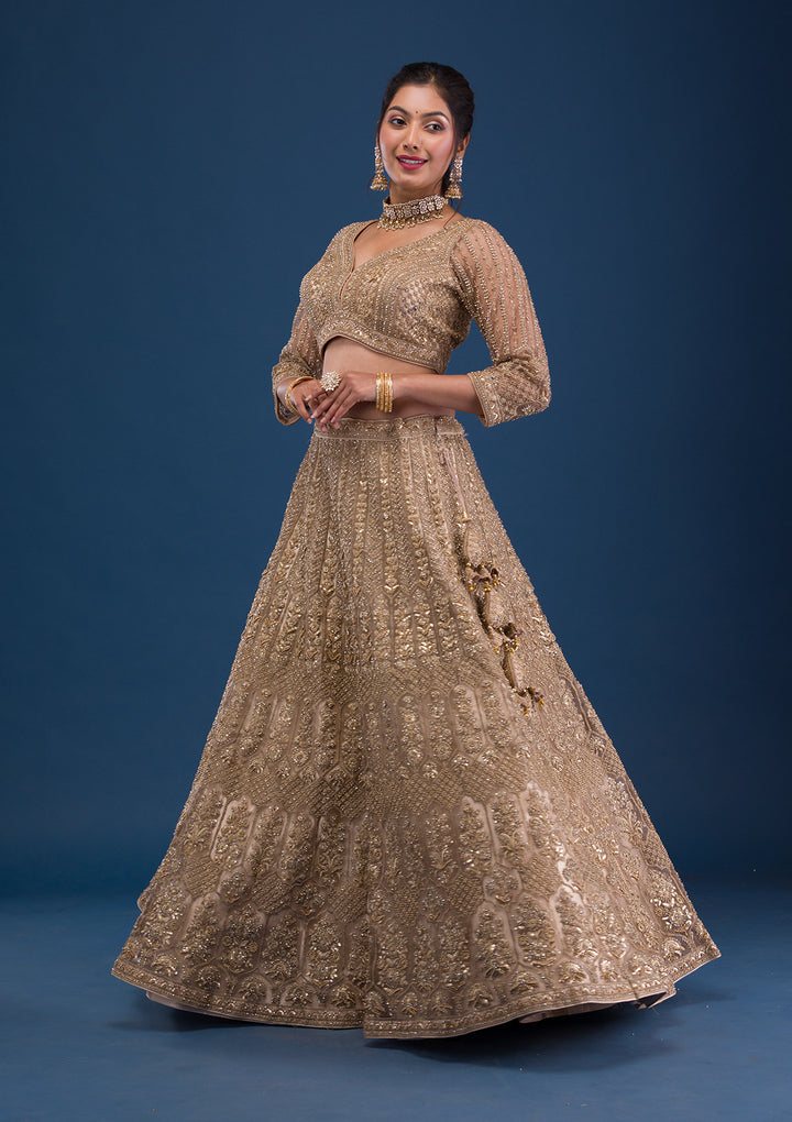 Beige Threadwork Net Readymade Lehenga