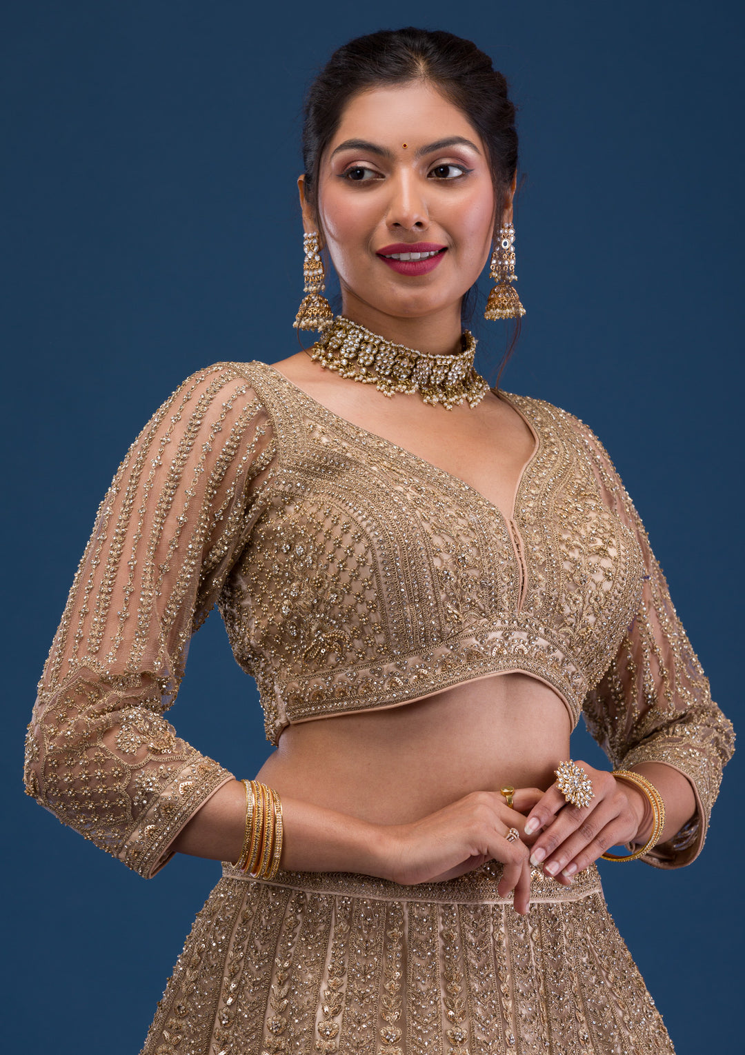 Beige Threadwork Net Readymade Lehenga